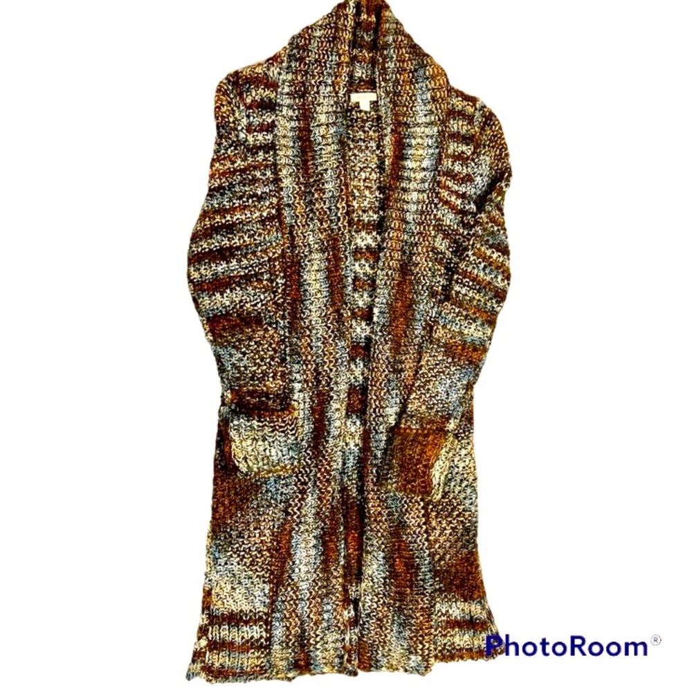 Duster length sweater cardigan, medium, multi color, shawl collar